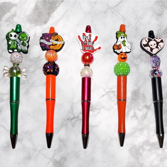 Floral Pumpkin Funny Halloween Purple Orange Silicone Rhinestone Bling Bead Pen - Picture 3 of 3